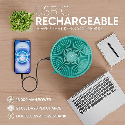 VENTY Portable Fan - Wireless Battery Operated Fan - 4 Speeds - LED Lighting - Carry Case & Remote Control - Cruise Travel - Outdoor Travel RV Power Bank With USB-C Port (Mint with Case)