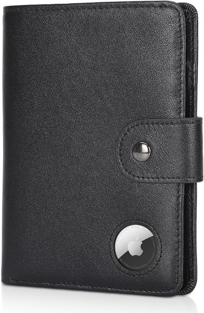 Polare Luxury RFID Blocking Leather Passport Holder Travel Wallet For Men and Women (Black with AirTag Slot(Snap Version))