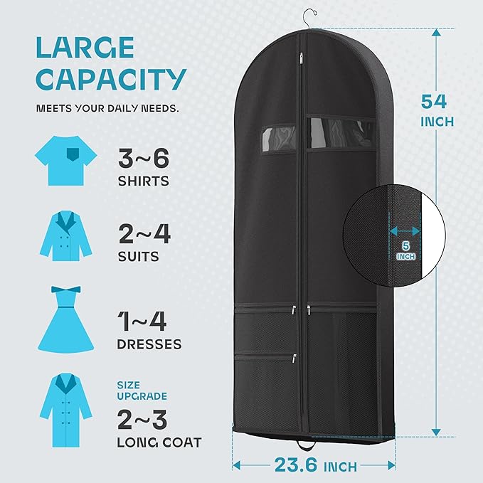 Travel Garment Bag with Zipper Pocket, Suit Bag for Suits, Dresses, Coats