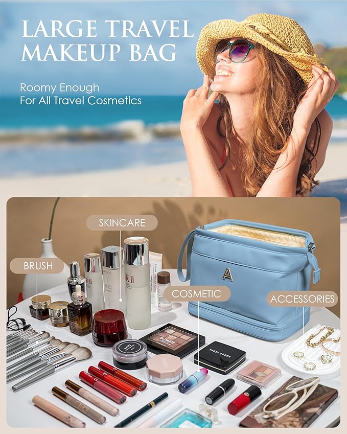 Birthday Gifts for Girls, Initial Large Makeup Bag, Personalized Double Layer Cosmetic Bag with Makeup Brush Organizer, Large Capacity PU Leather Travel Toiletry Bag Travel Stuff for Girls