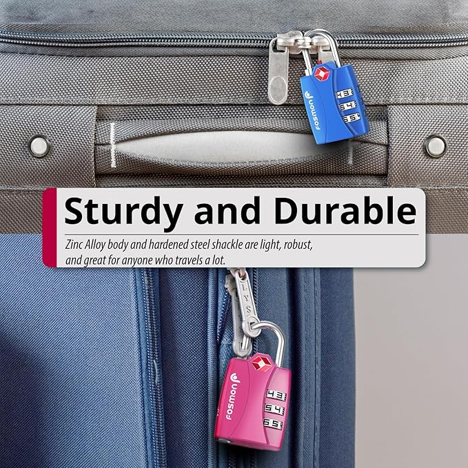 Fosmon TSA Approved Locks for Luggage. Suitcase Locks with Open Alert Indicator, 3 Digit Combination Padlock with Alloy Body for Travel, Backpack Zipper Anti Theft, Locker, Gym, Gun Case, Tent- 4 Pack