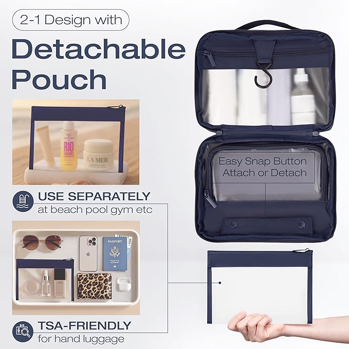 KAZAY Hanging Toiletry Bag with TSA Approved Detachable Pouch, Travel Toiletry Bag, Water Resistant, Premium Nylon, Travel Size Toiletries, Cosmetic Bag, Makeup Bag, Unisex (Navy)