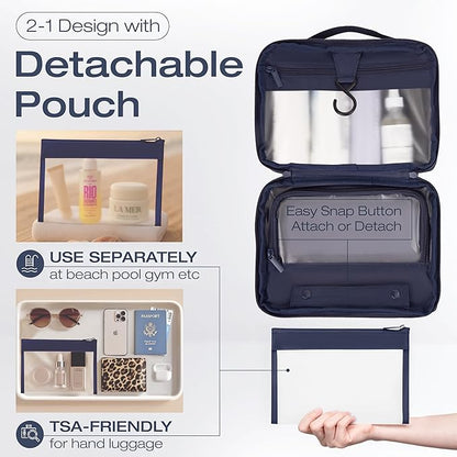 KAZAY Hanging Toiletry Bag with TSA Approved Detachable Pouch, Travel Toiletry Bag, Water Resistant, Premium Nylon, Travel Size Toiletries, Cosmetic Bag, Makeup Bag, Unisex (Navy)