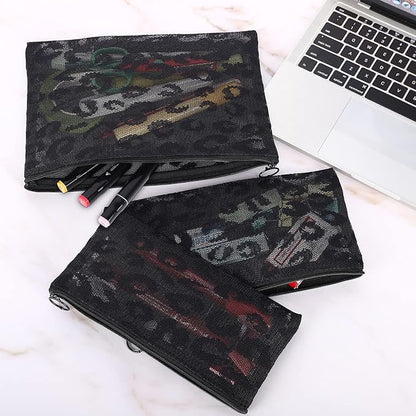 12 Pieces Zipper Nylon Mesh Pouch, Mesh Cosmetic Bags Makeup Bags Pencil Case, Multipurpose Travel Bags for Cosmetic School Office Supplies and Travel Accessories (Black Lace, Assorted Sizes)