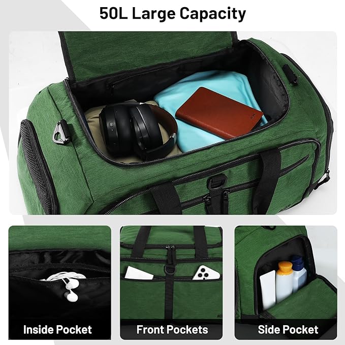 MIER Foldable Duffle Bag with Shoe Compartment 50L Travel Duffel Bags for Men Women Packable Overnight Bag for Camping Gym Weekender, Dark Green