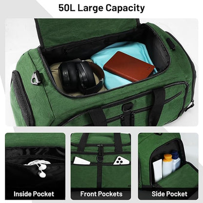 MIER Foldable Duffle Bag with Shoe Compartment 50L Travel Duffel Bags for Men Women Packable Overnight Bag for Camping Gym Weekender, Dark Green