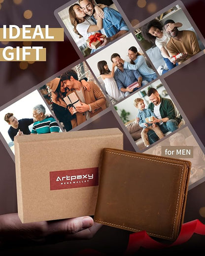 Mens Wallet Genuine Leather Bifold RFID Blocking Wallet for Men with 1 ID Window 13 Card Holders 2 cash pockets 1 Gift Box
