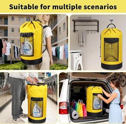 Laundry Bag Backpack with 3 Sizes Mesh Wash Bags and Shoulder Straps Foldable Clothes Hamper Bag with Drawstring Closure for College, Apartment, Laundromat (Yellow)