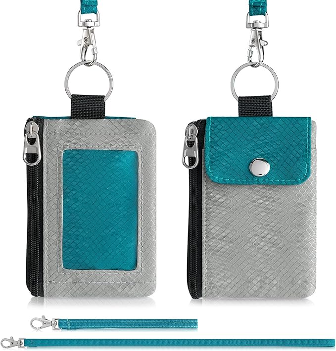 Minimalist Wallet For Mens Womens, Keychain RFID Blocking Zipper Small Wallet with ID Window 2 Lanyards,Water Resistant Travel Cash Card Coin Case Boys Girls