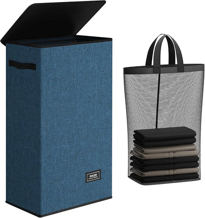 SOLEDI Slim Laundry Hamper with Lid, Narrow Laundry Basket with Removable Bags, Dirty Clothes Hamper with handle, Small Hamper perfect for Laundry room, Bathroom, Bedroom, Small spaces. 70L Blue