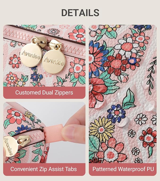 Aveniee Travel Makeup Bag for Women, Large Cosmetic Organizer with Open-Flat Design, Clear Divider & Handle - Waterproof PU Leather Toiletry Case (Floral Pattern)
