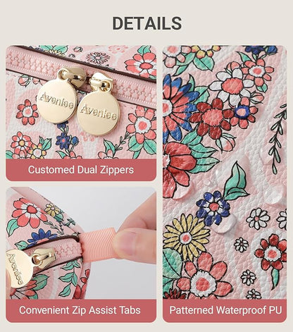 Aveniee Travel Makeup Bag for Women, Large Cosmetic Organizer with Open-Flat Design, Clear Divider & Handle - Waterproof PU Leather Toiletry Case (Floral Pattern)