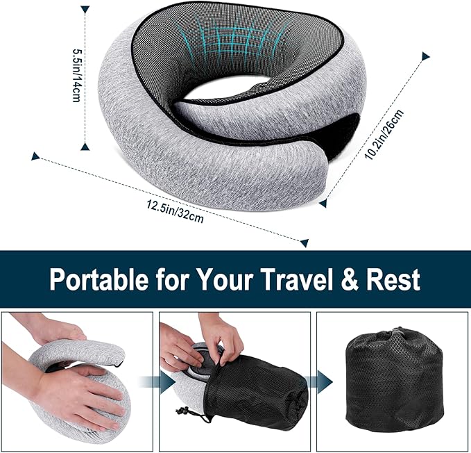 Travel Neck Pillow for Airplanes, 100% Memory Foam Neck Pillow for Sleeping, 360° Neck Support Pillow, Compact and Ergonomic Design for Travel, Car Rides, Airport (Light Grey)