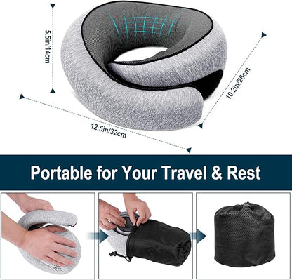 Travel Neck Pillow for Airplanes, 100% Memory Foam Neck Pillow for Sleeping, 360° Neck Support Pillow, Compact and Ergonomic Design for Travel, Car Rides, Airport (Light Grey)