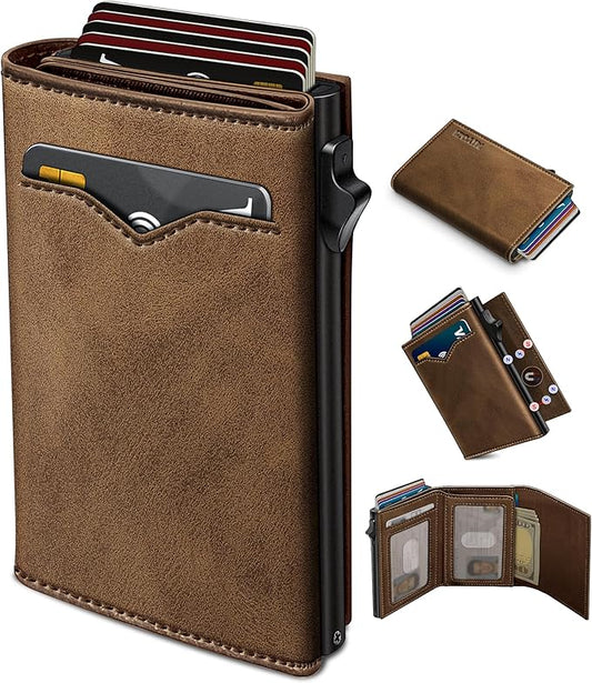 Wallet for Men,with Cash Pocket 2 ID Window 9-13 Cards,Metal Case Smart Slim Pop Up Credit Card Holder Flip with Magnetic Closure RFID Blocking Trifold wallet with Gift Box