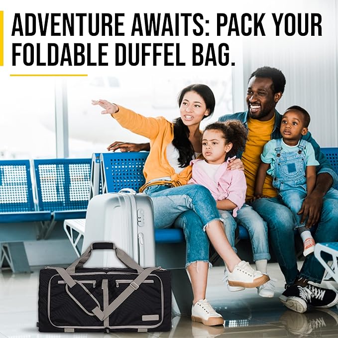 LEGEND 60L Foldable Duffle Bag for Travel - Packable Duffle Bags w/Shoe Compartment - Tear Resistant Collapsible Duffel Bags for Traveling - Lightweight Folding Duffel Bag for Men & Women -Black
