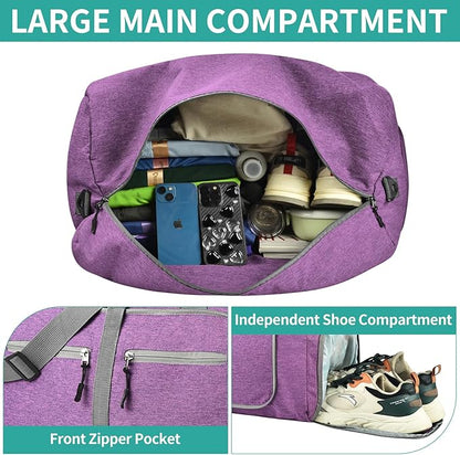 Dimayar 65L Travel Duffle Bag for Men Women - Foldable Duffel Bag with Shoes Compartment - Overnight Bags Waterproof & Tear Resistant(Purple)