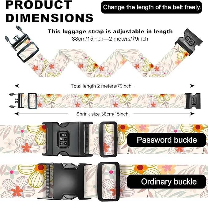 2 Pack Luggage Straps, Adjustable Cute Printing with Combination Lock Luggage Straps for Women Men Travel School Business Trips-Flowers