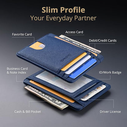 Buffway Slim Minimalist Front Pocket RFID Blocking Leather Wallets for Men and Women - Cross Blue