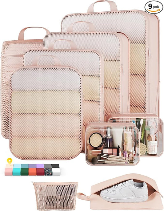 Veken 9/11 Set Compression Packing Cubes for Travel Essentials,Compressible Expandable Large Luggage Suitcase Organizer Bags for Clothing,Durable Space Saver Storage Bags with Toiletry Bags(Beige)
