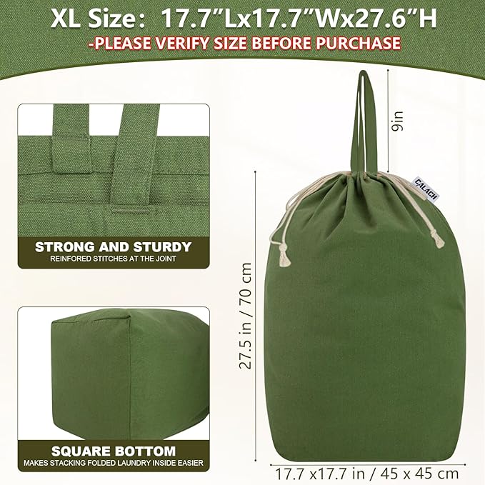 Canvas Laundry Bags 18x18in with Handles & Square Base, Extra Large Heavy Duty Laundry Basket Hamper Liner, Washable Drawstring Dirty Clothes Bag Canvas Storage Sack (Army Green XL)