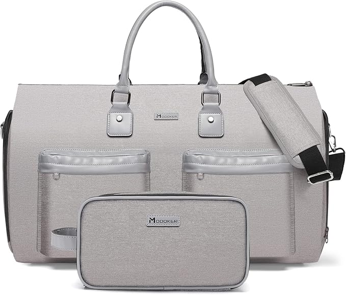 Convertible Garment Bag with Toiletry Bag, Modoker Carry on Garment Duffel Bag for Men Women - 2 in 1 Hanging Suitcase Suit Travel Bags, Light Grey