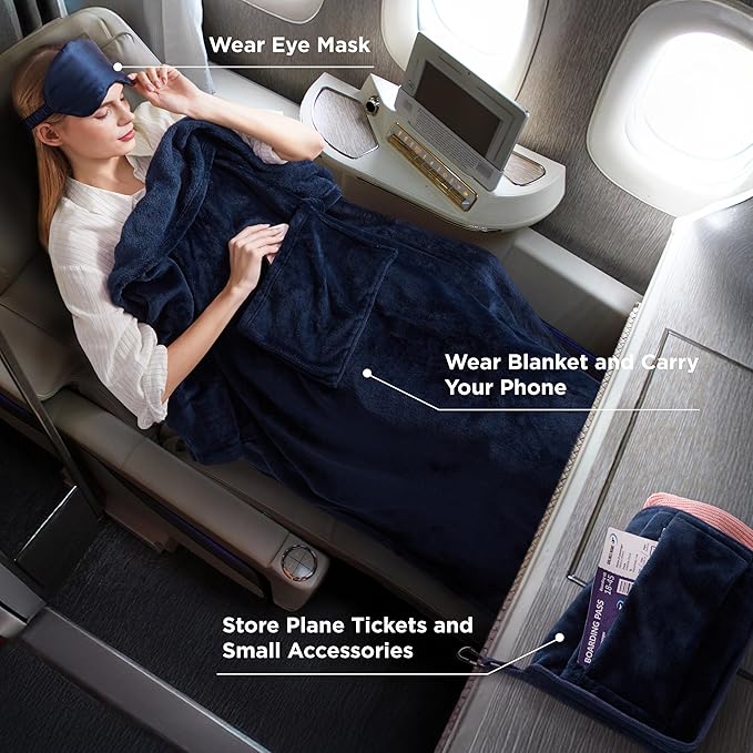Bedsure Travel Blanket Airplane Compact with Storage Bag, Packable Blanket with Eye Mask, Lightweight 2-in-1 Travel Essentials, Functioned as Pillow for Airplane Comfort and Warmth, Navy