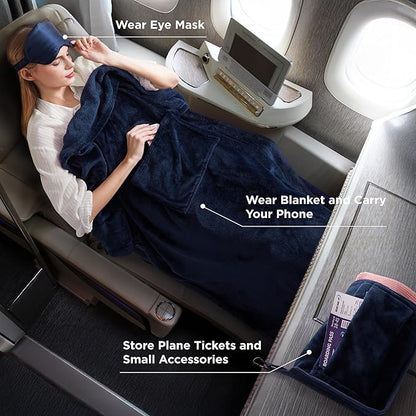 Bedsure Travel Blanket Airplane Compact with Storage Bag, Packable Blanket with Eye Mask, Lightweight 2-in-1 Travel Essentials, Functioned as Pillow for Airplane Comfort and Warmth, Navy