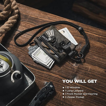 VULKIT Small RFID Wallet for Women & Men – Minimalist Zipper Wallet with ID Window, Keychain & Carabiner, Holds 15 Cards, Water Resistant Travel Lanyard Wallet Camouflage