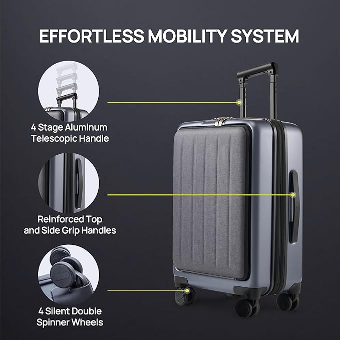 NINETYGO Carry on Luggage 22X14X9 Airline Approved with Front Pocket, 20 Inch Luggage with Front Compartment, Expandable, Double Spinner Wheels, Hardsided PC, TSA Lock (Cool Grey, Seine Max)