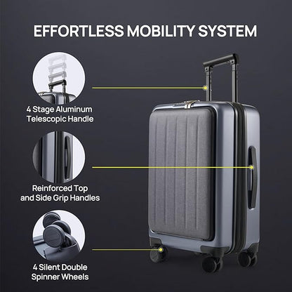 NINETYGO Carry on Luggage 22X14X9 Airline Approved with Front Pocket, 20 Inch Luggage with Front Compartment, Expandable, Double Spinner Wheels, Hardsided PC, TSA Lock (Cool Grey, Seine Max)