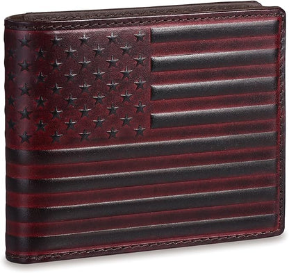 Full Grain Leather Wallet for Men, RFID Blocking, Mens Wallet Bifold with 2 ID Windows, Billfold with 13 Card Slots, Leather Gift for Men, American Flag Wallet Red
