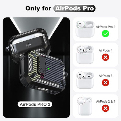 RFUNGUANGO for AirPods Pro 2nd Gen Case with Cleaning Kit, Military Hard Case Protective Armor with Lock, for AirPod Gen 2 Charging Case (2023/2022/2019, 2nd Gen/1st Gen), Carbon Fiber Ash
