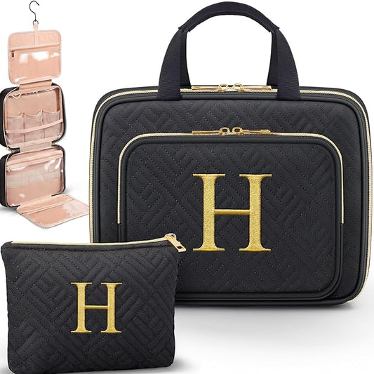 Gifts for Women, Initial Toiletry Makeup Bag Hanging Cosmetic Organizer with Embroidery Letter Personalized Nurse Teacher Appreciation Gift Birthday Christmas Gifts for Mom Sister Wife Friend Auntie