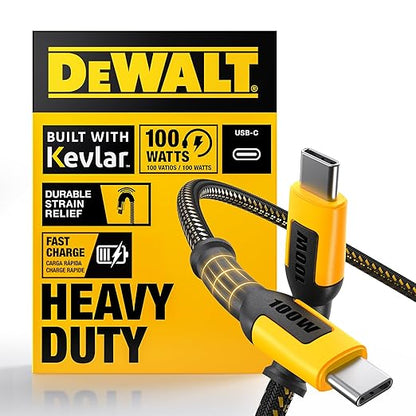 DEWALT Heavy Duty 100W USB C Cable, Jobsite 100 Watt USB C Cable, High Speed Type-C to Type-C, Fast Charge PD USBC Fast Charging Cord for iPhone 17/16/15 Plus Pro Max MacBook iPad Samsung Galaxy, 6 ft
