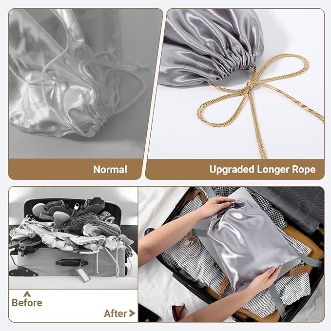 Ewen 7 Pack Small Medium Large Dustproof Satin Drawstring Bags Set, Dustproof Packing Bags with Blank Tags for Purse Organizer Home Organization Storage, Gray Dustbags for Handbag Travel Shoes Closet