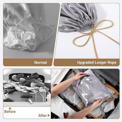 Ewen 7 Pack Small Medium Large Dustproof Satin Drawstring Bags Set, Dustproof Packing Bags with Blank Tags for Purse Organizer Home Organization Storage, Gray Dustbags for Handbag Travel Shoes Closet