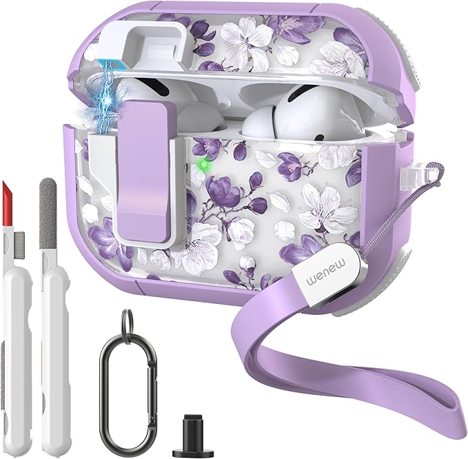 Wenew Case for AirPods Pro & Pro 2 Case Cover Secure Lock Automatic Snap Switch Clip Cleaner Kit Lanyard Women Stylish Armor Full Body Hard Shell Front LED Visible (Purple flower, AirPods Pro & Pro 2)
