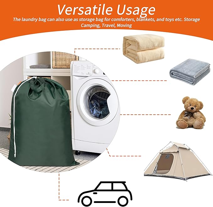 Polecasa Heavy Duty Large Laundry Bag with 130gsm Tear Resistant Fabric and Handles, Easy to Carry Durable Dirty Clothes Drawstring Bag, Perfect for College Dorm,Travel, 2 Pack 28”x36”,Green
