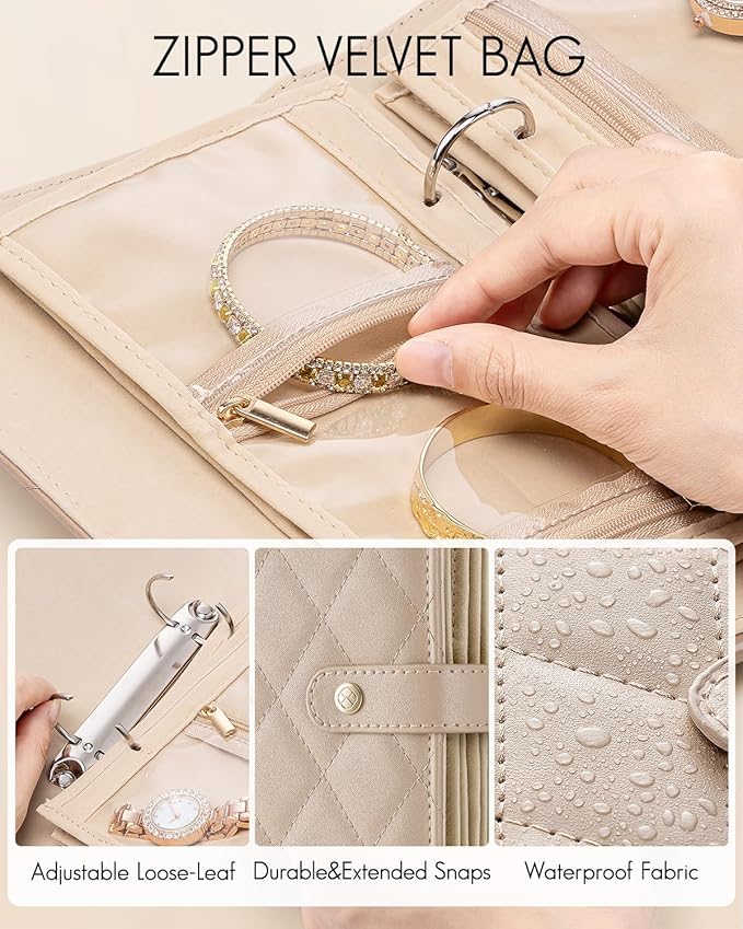 Vlando Travel Jewelry Organizer Case,Teacher Appreciation Gifts,Jewelry Storage Book Ring Binder with Clear Zipper Velvet Pouch Bag for Traveling,Rings,Necklace,Earrings,Bracelets,Brooches-Toffee