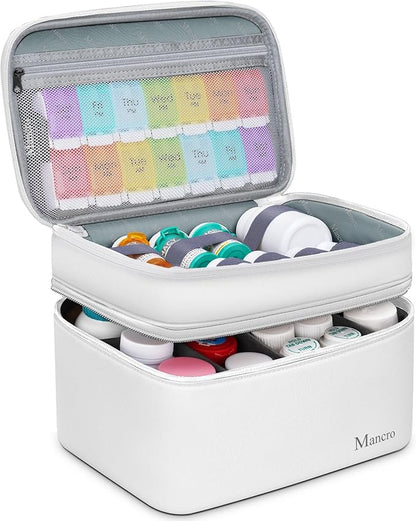 Mancro Dual Layers Medicine Organizer Bag, Pill Bottle Organizer Storage with Lockable Zipper, Medication Travel Bag for Pills, Vitamins, Medical Supplies for Home Storage, Travel, White