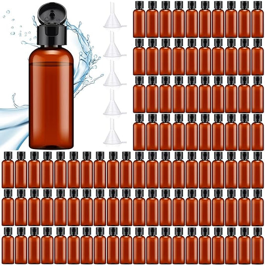 Eccliy 100 Pack 2 oz Travel Bottles Plastic Bottles with Lids Refillable Travel Size Cover Cap Plastic Liquid container for Toiletries Lotions Shampoo Creams Dispensing with 5 Funnels(Brown)