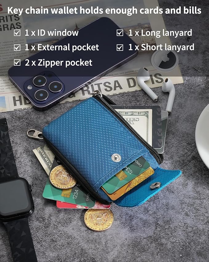 Minimalist Wallet For Mens Womens, Keychain RFID Blocking Zipper Small Wallet with ID Window 2 Lanyards,Water Resistant Travel Cash Card Coin Case Boys Girls