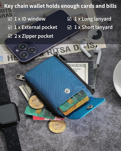 Minimalist Wallet For Mens Womens, Keychain RFID Blocking Zipper Small Wallet with ID Window 2 Lanyards,Water Resistant Travel Cash Card Coin Case Boys Girls
