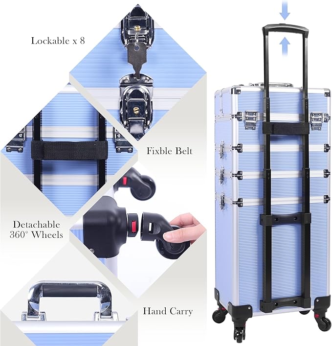 5 in 1 Professional Makeup Train Case Aluminum Cosmetic Case Rolling Makeup Case ExtraLarge Storage Organizer with Key Swivel Wheels Salon Barber Case for Make Up Nail Hairstylists, Blue