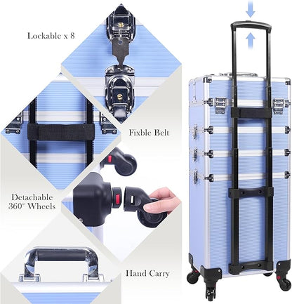 5 in 1 Professional Makeup Train Case Aluminum Cosmetic Case Rolling Makeup Case ExtraLarge Storage Organizer with Key Swivel Wheels Salon Barber Case for Make Up Nail Hairstylists, Blue