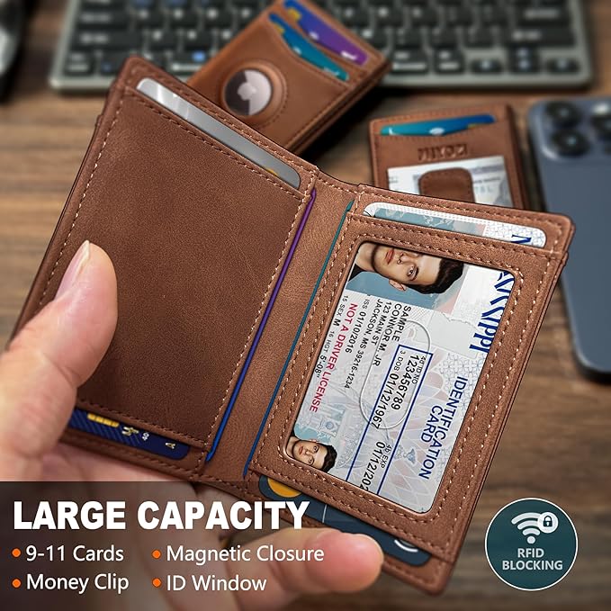 Airtag Wallet for Men- with Money Clip Gift Boxed, Magnetic Closure Slim Genuine Leather Front Pocket Wallet, 4.1"x 2.8", RFID Blocking