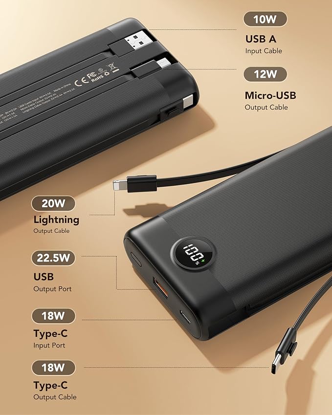 Power Bank 30000mAh, VEEKTOMX 22.5W Fast Charging Portable Charger built in cables, USB C Battery Pack, External Travel Battery Bank Compatible with iPhone, Samsung, Android Devices for Travel(1 Pack)