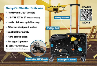 Younglingz LIL FLYER GO Version 2 Ride On Suitcase for Kids | Carry On Luggage with Toddler Seat, Foldable Handlebars, Pedals, and Removable Wheels | Holds up to 80 lbs | SPACE | Ages 2-6