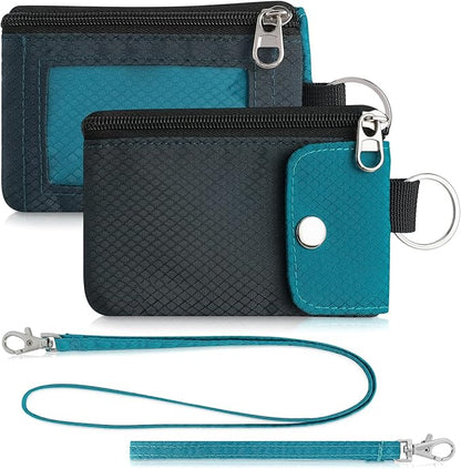 Minimalist Wallet For Mens Womens, Keychain RFID Blocking Zipper Small Wallet with ID Window 2 Lanyards,Water Resistant Travel Cash Card Coin Case Boys Girls
